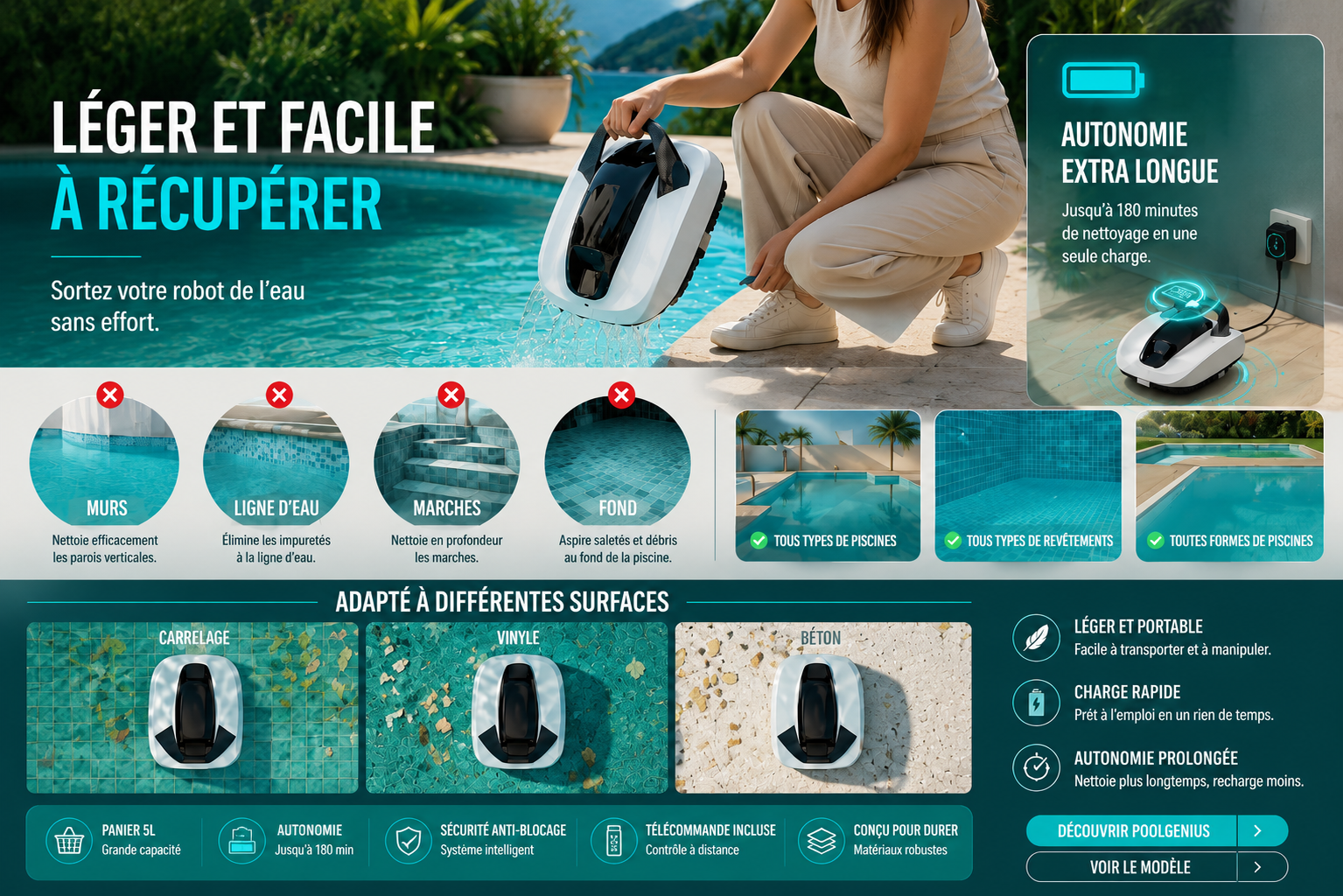 PoolGenius léger facile à sortir de la piscine