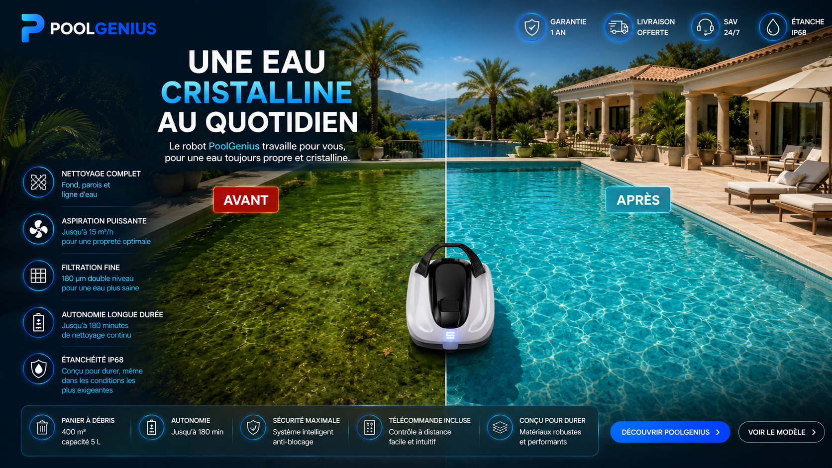 Avant Après piscine PoolGenius — eau cristalline