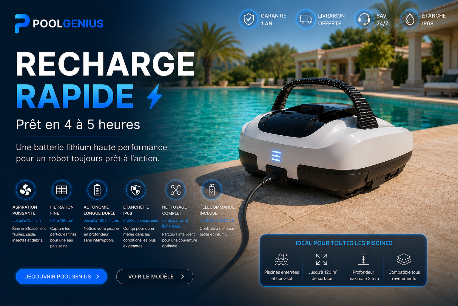 Recharge rapide robot piscine PoolGenius