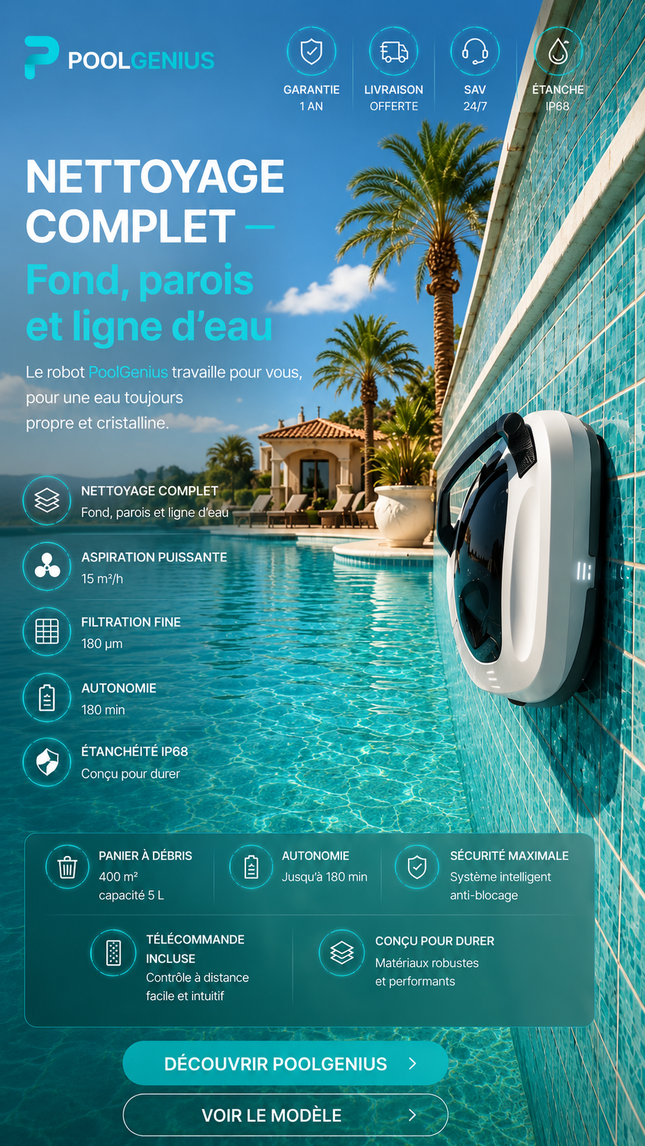 Robot PoolGenius nettoyage parois piscine